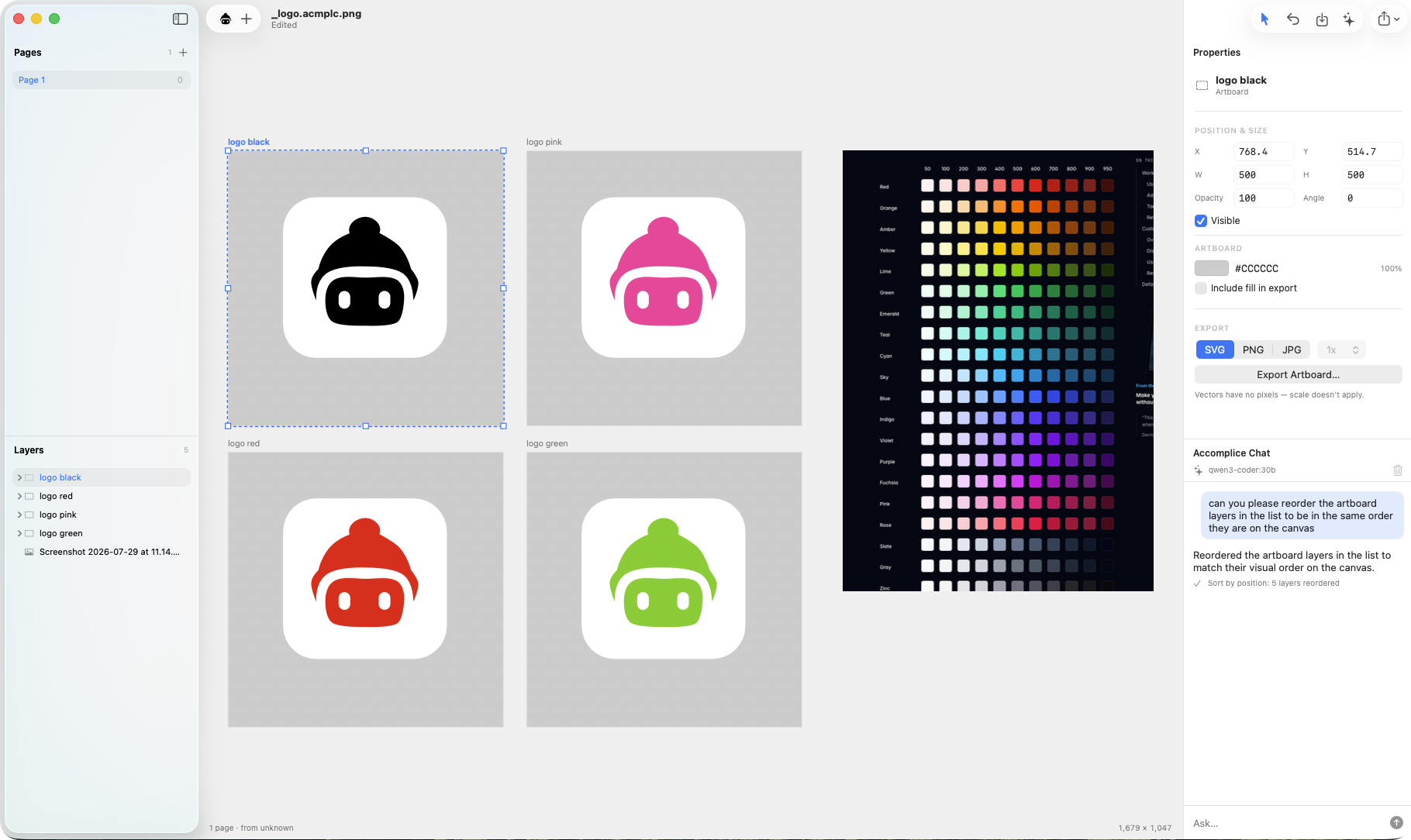 Accomplice on a Mac: four artboards of a beanie-wearing robot logo in different colours, with the layer list, properties panel and built-in chat.